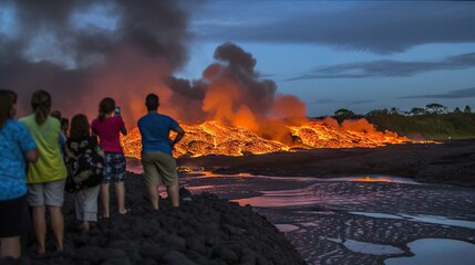 Spectators watch as a volcanic eruption illuminates the night sky with lava flows and ash plumes