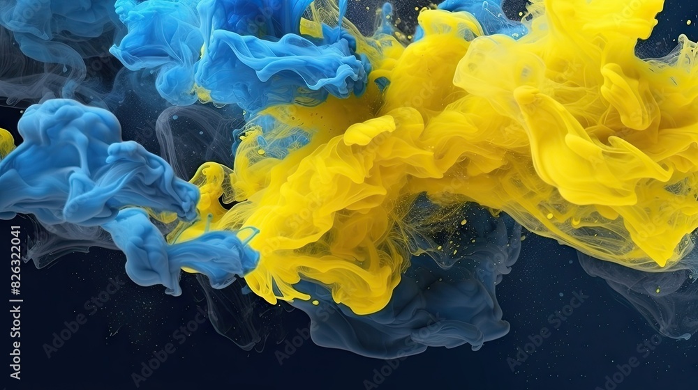 Poster intense blue and yellow ink clouds merging in water creating an abstract artistic visual effect with