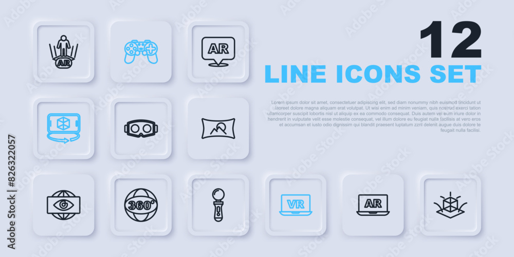 Poster set line augmented reality ar, 3d modeling, virtual glasses, 360 degree view, gamepad and vr control