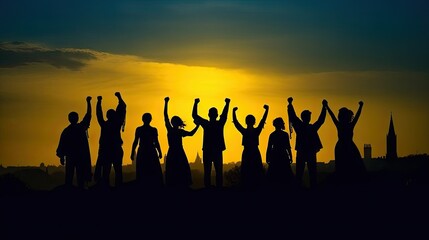 Silhouettes of multiple people with arms raised in celebration against a sunset backdrop with a city skyline