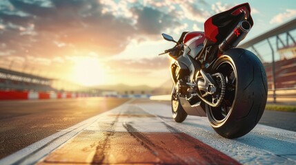 A red motorcycle parked on a race track. Suitable for sports and transportation themes