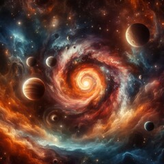 Obraz premium Surreal cosmic swirl with multiple exoplanets and stars in a vibrant galaxy, perfect for illustrating sci-fi and astronomy themes. AI Generation