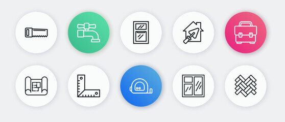 Set line Roulette construction, Toolbox, House plan, Window in room, with trowel, Parquet and Corner ruler icon. Vector