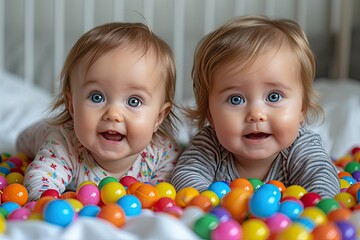 Two happy charming little babies lie on the white sheet on bed linen at home among colorful bright balls. Close-up portrait. Cute happy girl in the playroom and smile. Childhood concept.