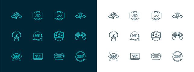 Set line 360 degree view, Virtual reality, 3d modeling, glasses, Wide angle picture, and Big brother electronic eye icon. Vector