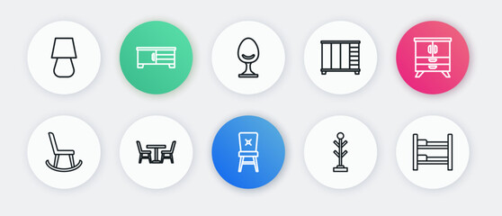 Set line Chair, Chest of drawers, Armchair, Coat stand, Wardrobe, Bunk bed and Table with icon. Vector