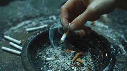 A person lighting a cigarette in a black ashtray. Ideal for tobacco and smoking related concepts