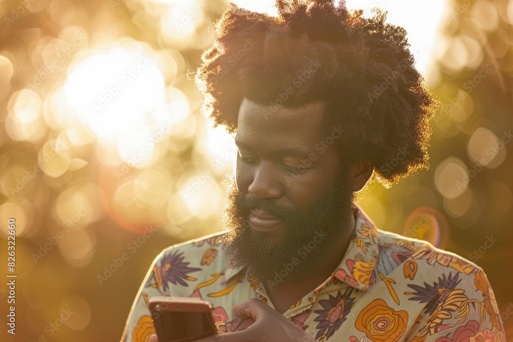 Poster a man with a beard looking at a cell phone. suitable for technology concepts