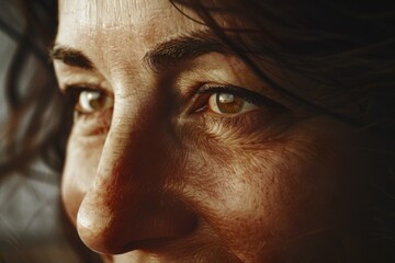 Obraz premium Close-up of a woman's face with striking brown eyes. Perfect for beauty and skincare concepts