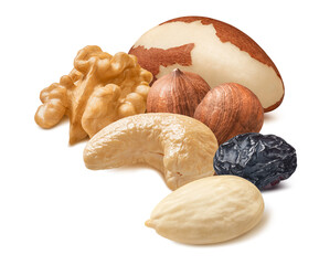 Brazil nut, walnut, hazelnut, blanched almond, cashew and raisin isolated on white background