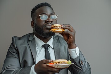 A man in a suit enjoying a sandwich. Suitable for business and food concepts