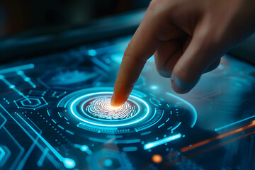 Index finger pressing on a biometric fingerprint scanner, finger verification concept, information and data security in the online and digital world