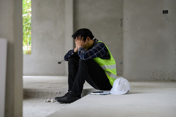 Young Asian male construction worker staff feeling sad and upset while sitting on the floor of the...