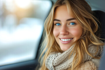 Beautiful young happy smiling woman driving new car at sunset. female with glad positive expression, being satisfied with unforgettable journey by car, sits on driver seat. People, transport concept