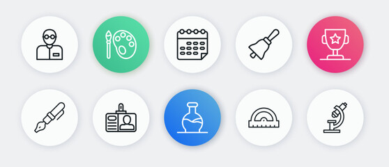 Set line Test tube, Award cup, Fountain pen nib, Protractor grid, Ringing bell, School timetable, Microscope and Identification badge icon. Vector - Powered by Adobe