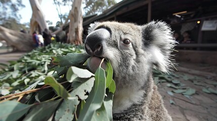 Fototapeta premium A close-up image of a koala grasping a leafy branch in front of a building with individuals in the background