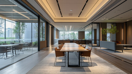 Naklejka premium Modern office meeting room with large windows and copy space