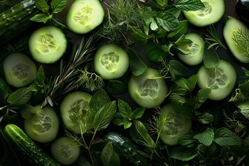 Vibrant arrangement of sliced cucumbers and lush green herbs on a dark background - Powered by Adobe