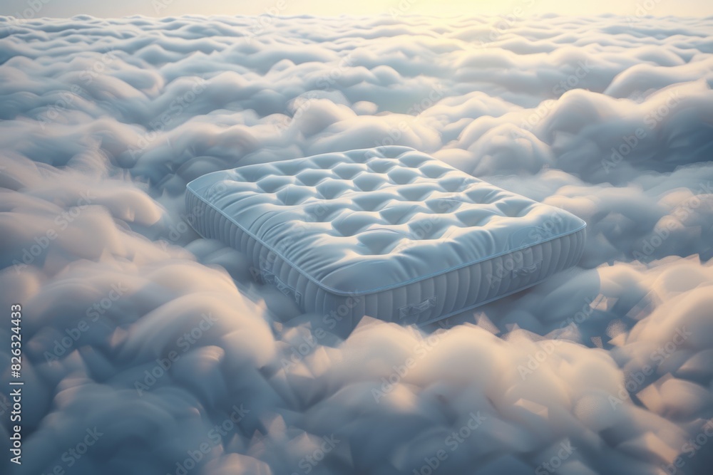 Poster A surreal image of a mattress floating in a cloud-filled sky. Suitable for dreamy or whimsical concepts