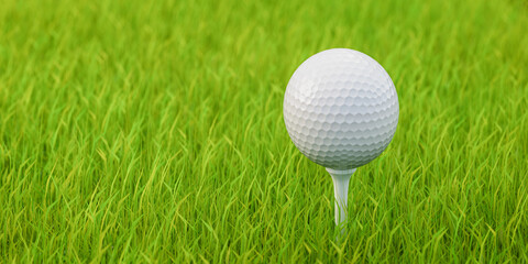 A golf ball on a golf tee on a lawn. Selective focus - shallow depth of field. Copy space.