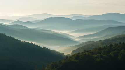 Misty mountain landscape in green and blue hues, nature background