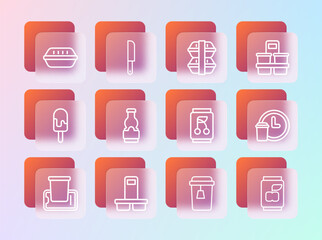 Set line Coffee cup to go, Soda can, Cup tea, Sauce bottle, Lunch box, and Knife icon. Vector