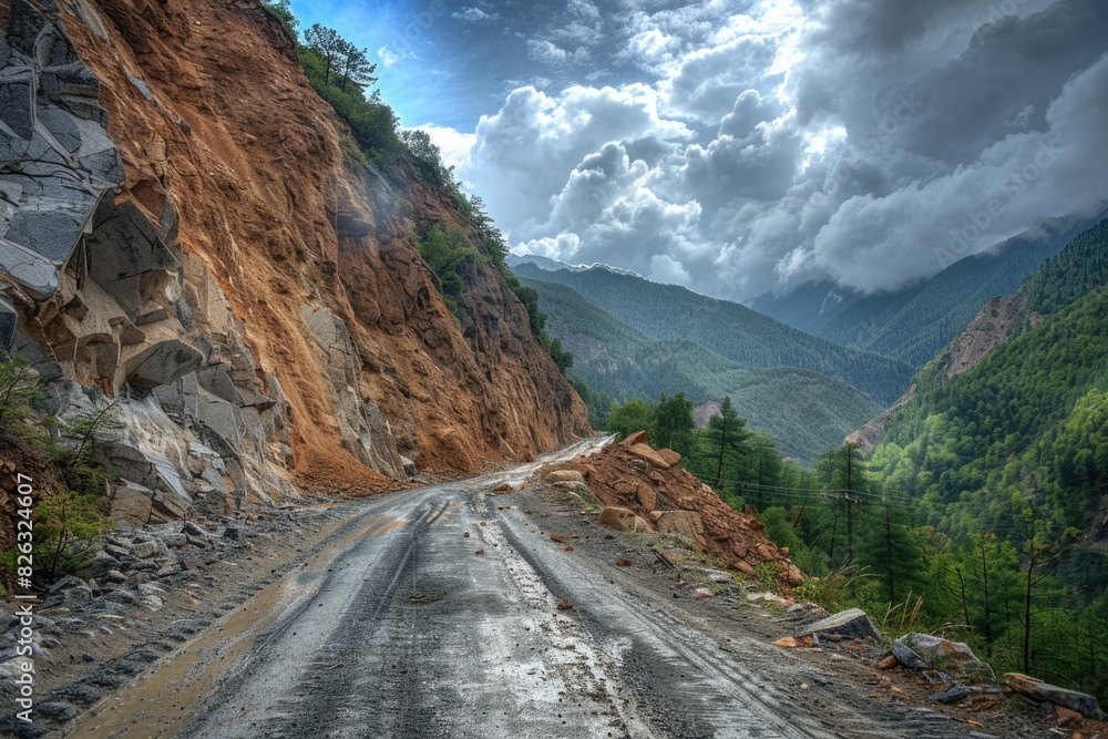 Poster scenic view of a dirt road with a mountain in the background. suitable for travel and adventure conc