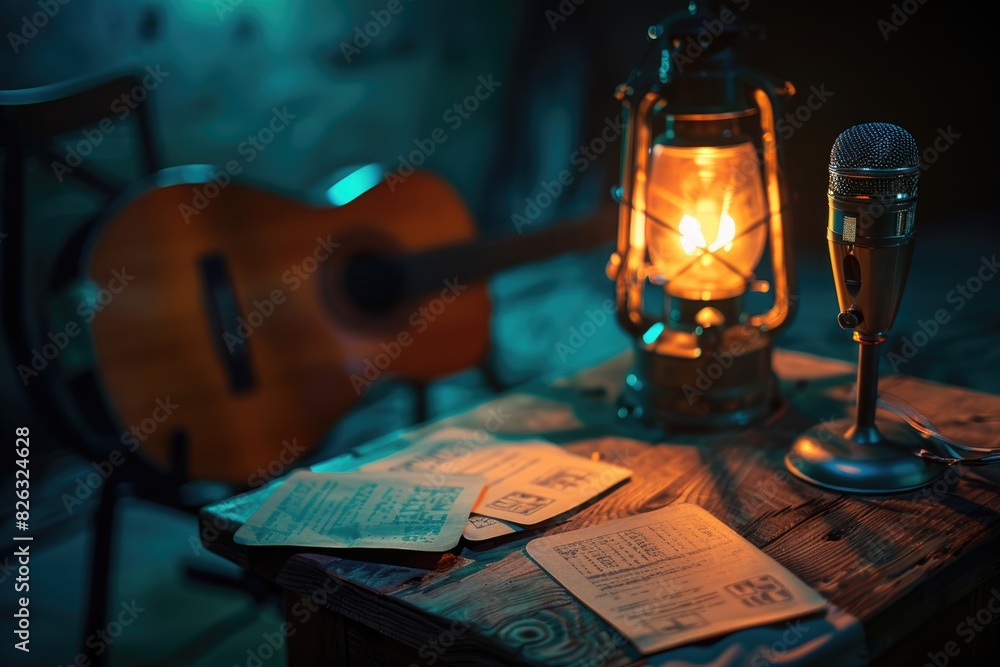 Poster A table with a microphone and a glass of wine. Perfect for music or entertainment events