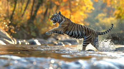   A tiger sprints through a stream beside rocky cliffs and vibrant orange foliage