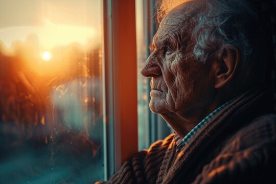 Elderly man observing sun through window, suitable for various concepts