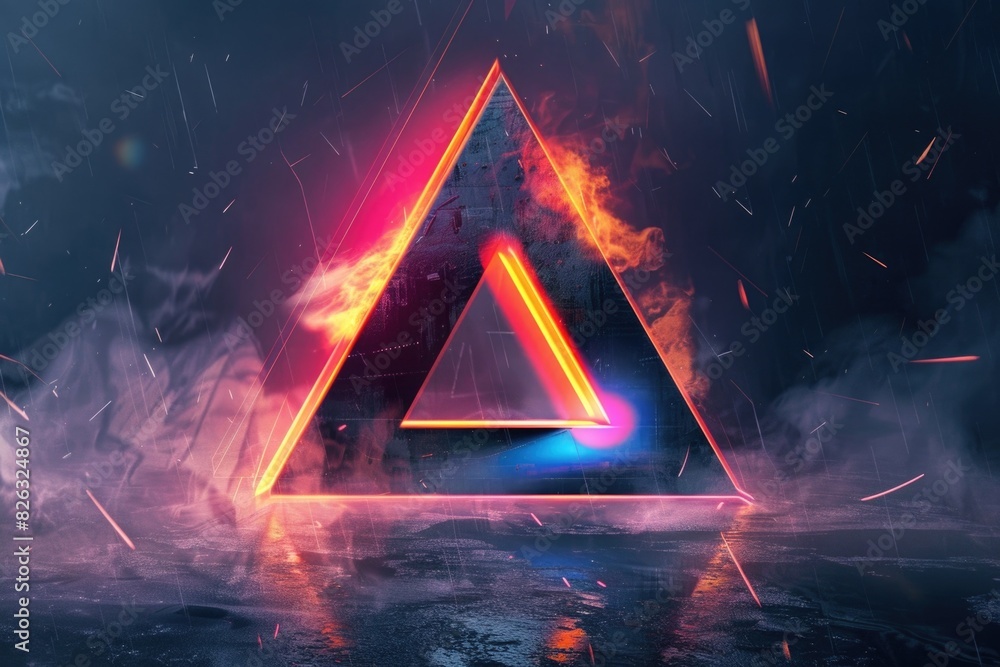 Poster abstract neon triangle shape reflected in water, suitable for graphic design projects
