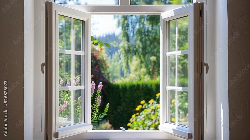 Poster An open window with a view of a garden. Suitable for interior design concepts