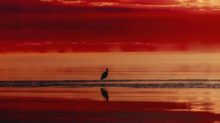  A bird perched on a water's edge with a fiery sky above and clouded sky overhead