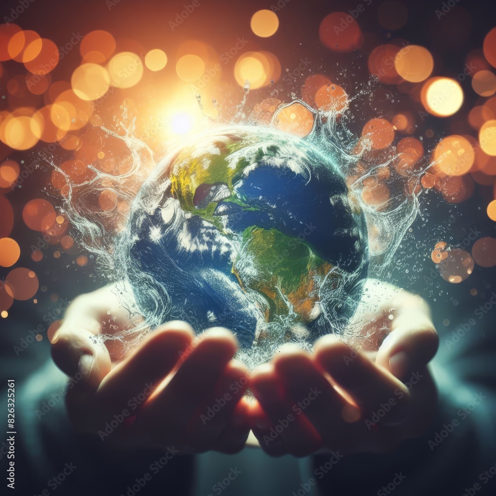 Poster artistic depiction of hands cradling the earth with dynamic energy and light particles swirling arou