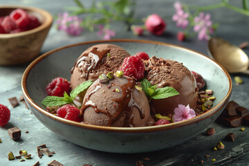 A bowl of chocolate ice cream with raspberries and mint leaves