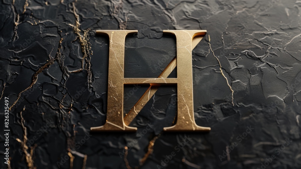 Poster A close up of a gold letter on a black surface. Can be used for luxury branding