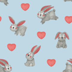 Rabbits and hearts seamless pattern. Hand drawn textured gray bunnies and pink hearts isolated on blue background. Children’s allover backdrop 