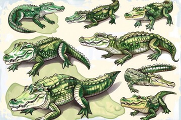 Detailed illustration of a group of alligators. Suitable for educational materials or wildlife presentations