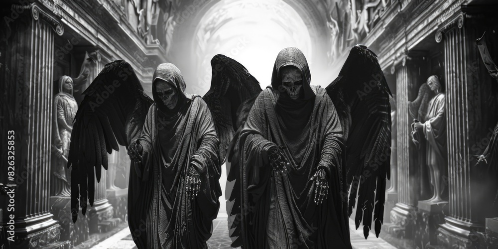 Poster a group of people dressed in black walking down a hallway. suitable for business or teamwork concept