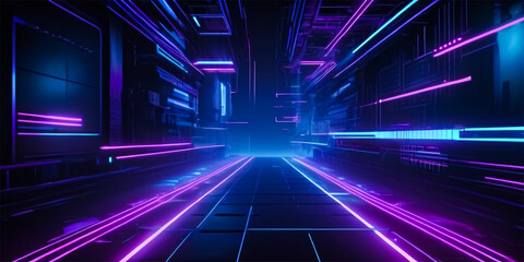 Futuristic background and digital grid pattern with neon blue and purple on a dark background