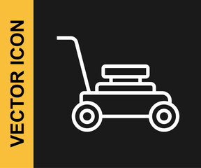White line Lawn mower icon isolated on black background. Lawn mower cutting grass. Vector