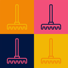 Pop art line Garden rake icon isolated on color background. Tool for horticulture, agriculture, farming. Ground cultivator. Housekeeping equipment. Vector