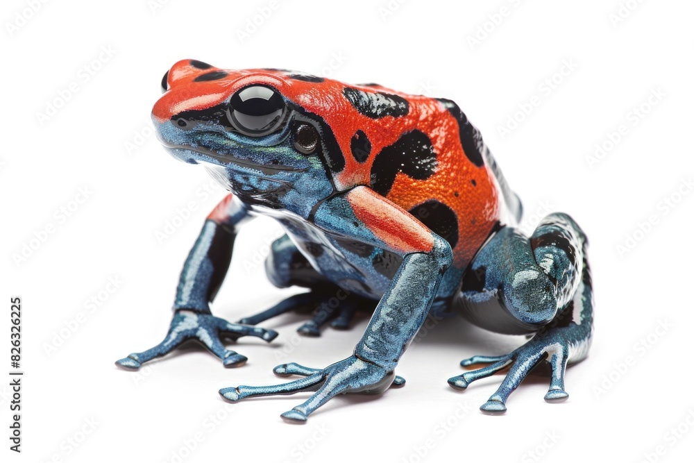 Poster a colorful frog perched on a white background, suitable for various design projects