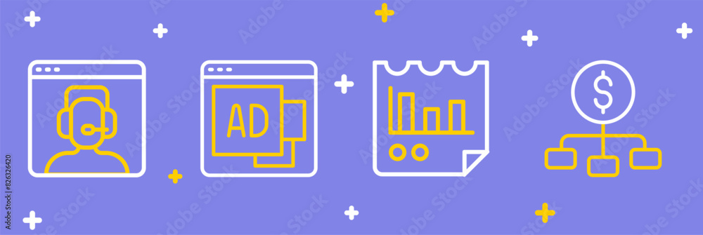 Poster set line hierarchy with dollar, document graph chart, advertising and telephone 24 hours support ico