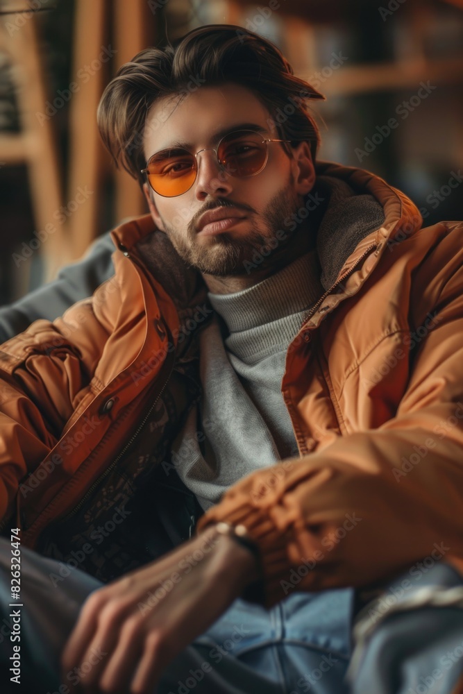 Wall mural A man in a jacket and sunglasses sitting on a couch. Suitable for lifestyle and fashion concepts - Wall murals