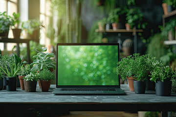 A laptop with a green screen among indoor green house plants. Concept: home office. Chromakey mock up.