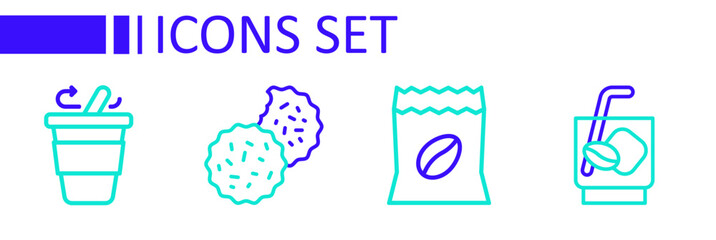 Set line Espresso tonic coffee, Bag beans, Cookie or biscuit and Coffee cup go icon. Vector