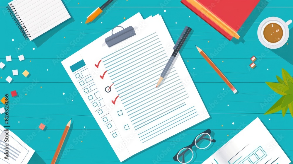 Poster A workplace with a to-do list and a mug of coffee. Suitable for business concepts