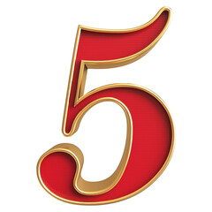 Number 5 . 3D render red number with golden outline