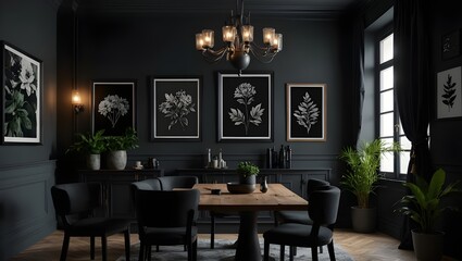 Real photo of a gray and black dining room interior with posters on a dark wall with molding, lamps above wooden table and plants on metal racks